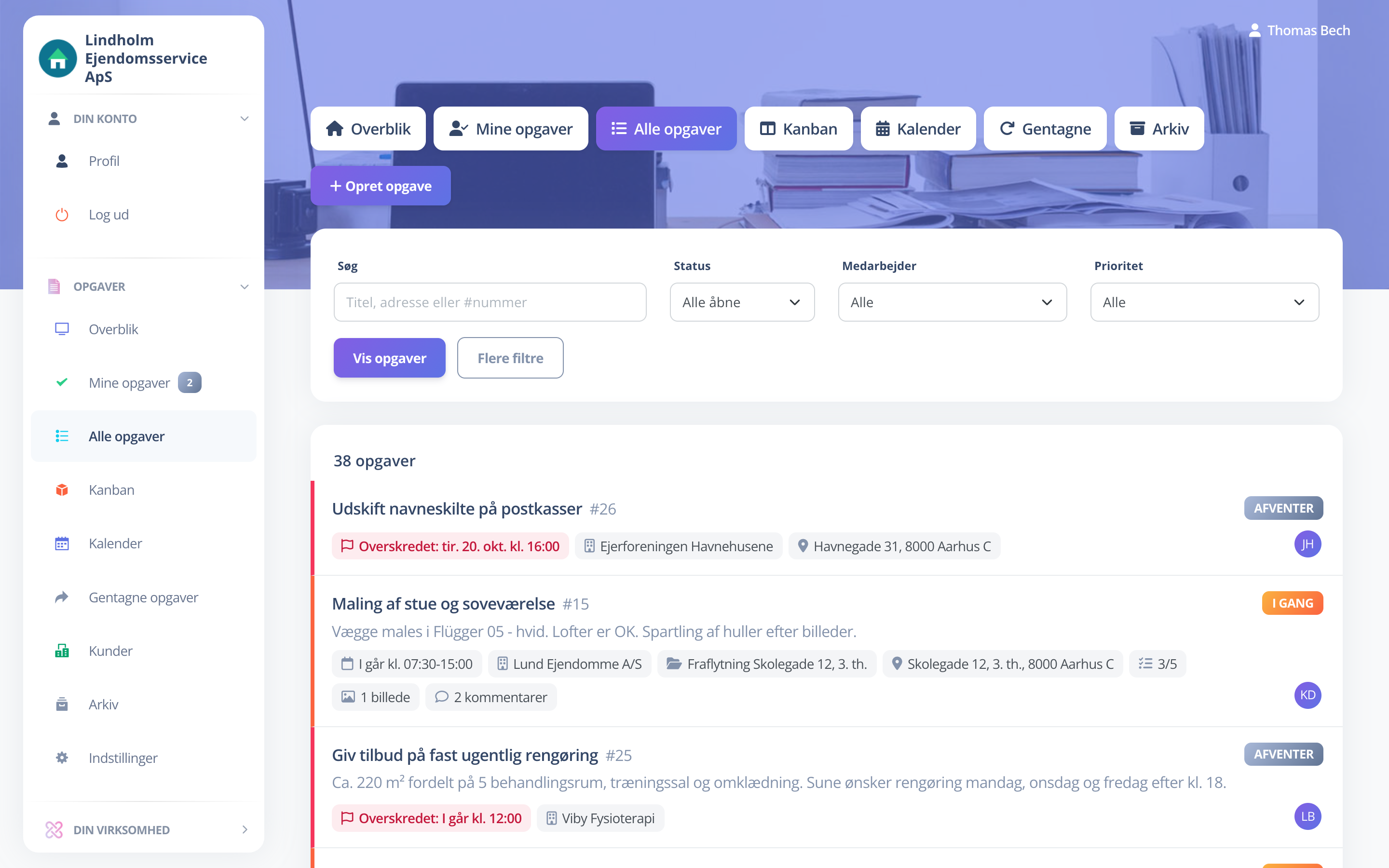Alle virksomhedens opgaver med status, kunde og adresse